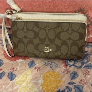 Coach Signature Double Stacked Brown and Cream Wristlet